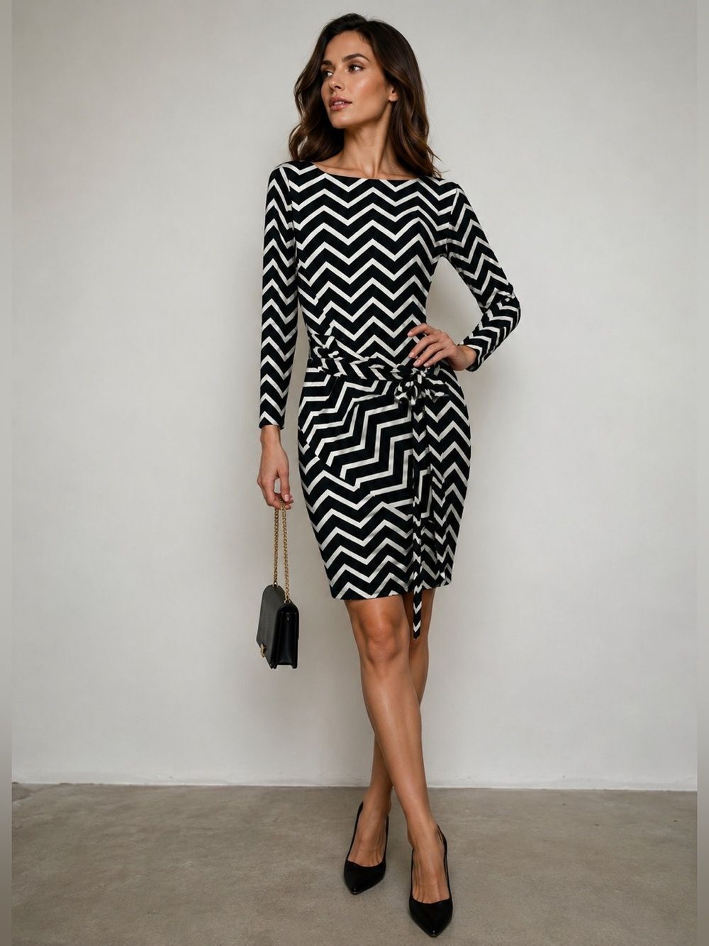 RALPH LAUREN BLACK & WHITE CHEVRON PRINT DRESS W/TIE All-Season Size 16